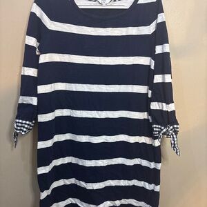 crown & ivy Navy and White Striped Tie-Cuff Long Sleeve Tunic Dress 100% cotton